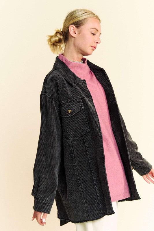 Davi & Dani Washed Corduroy Raw Hem Button Up Jacket-2