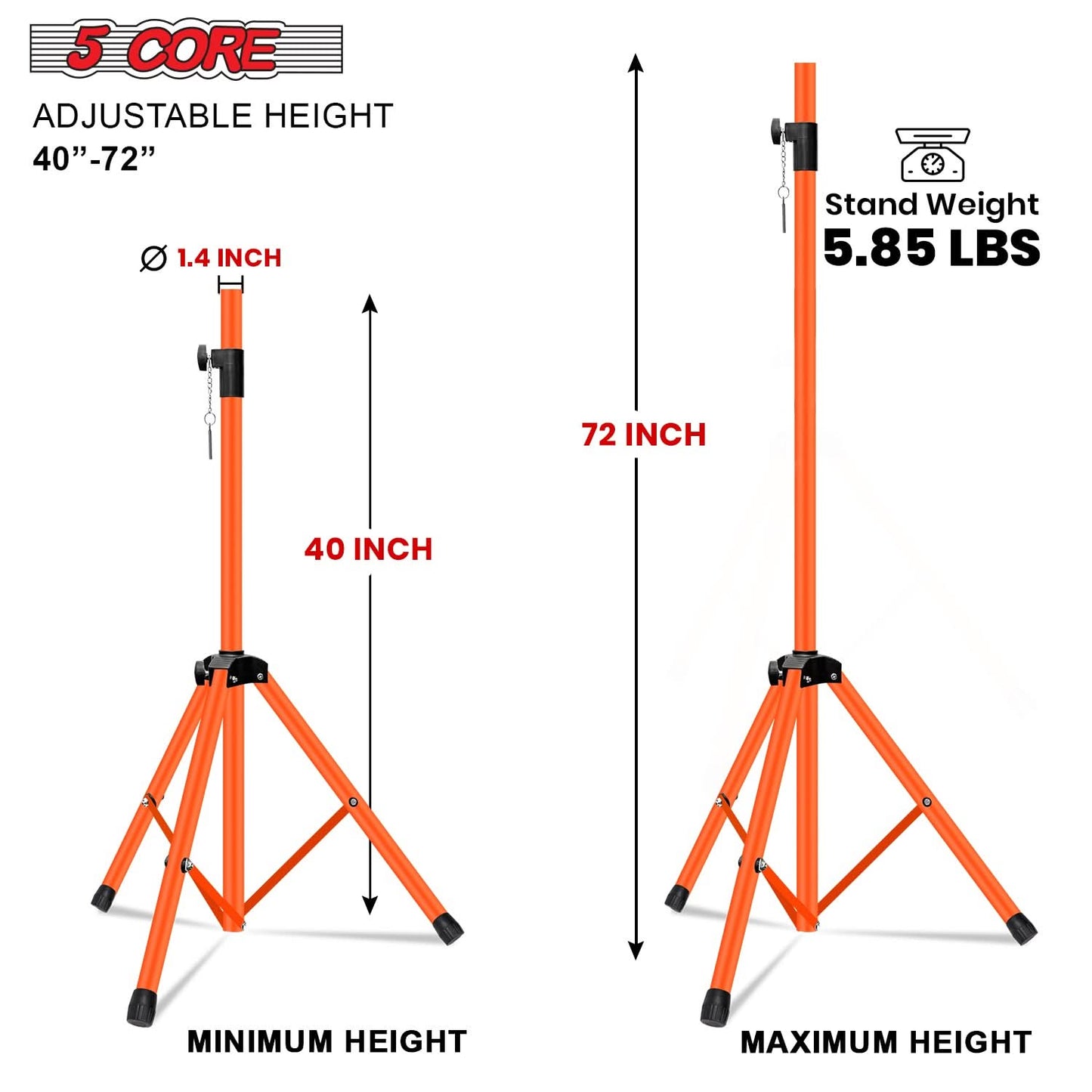 5Core Speaker Stand Tripod Tall Adjustable 72 Inch DJ Pole Mount Studio Monitor Stands ORANGE 1 PK