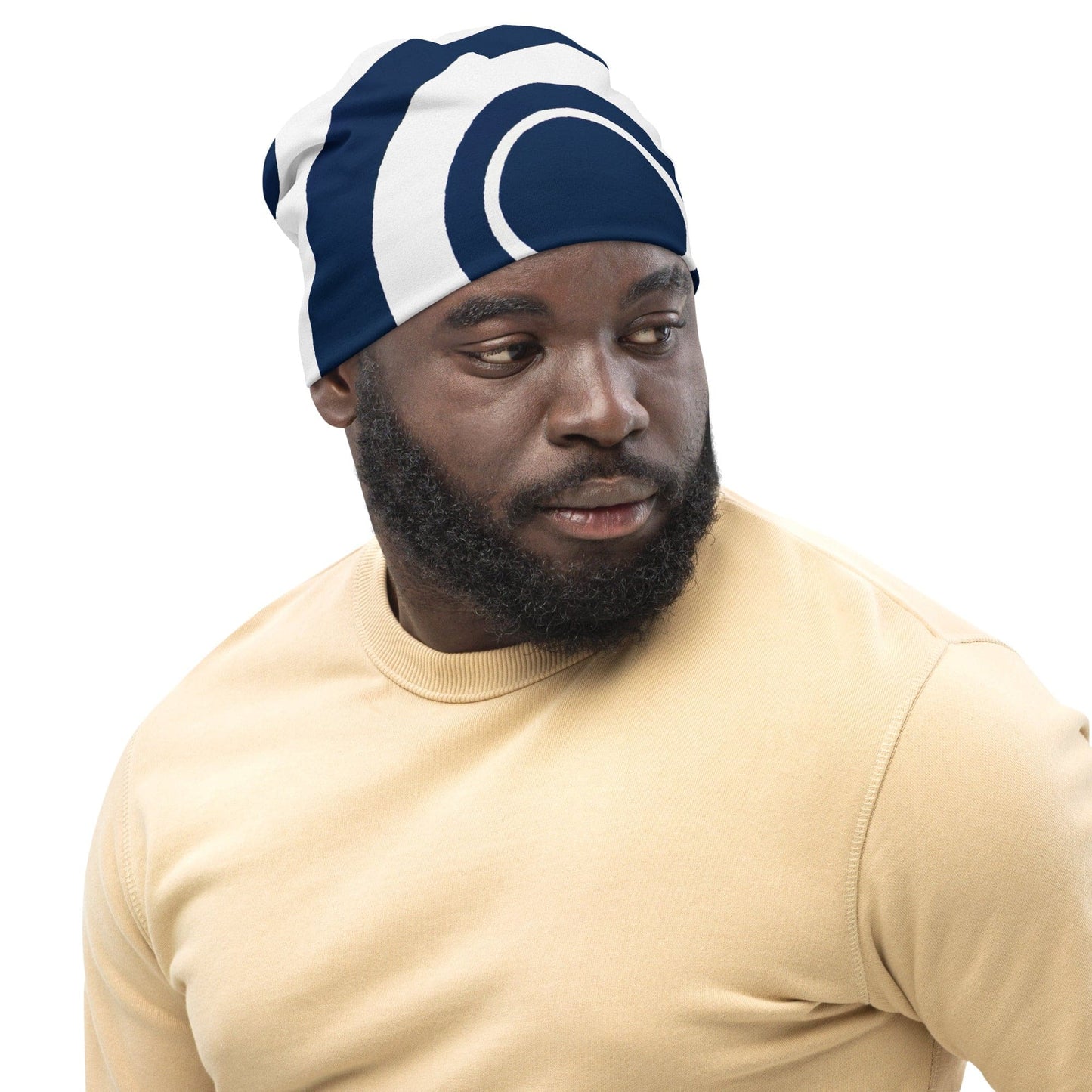 Double-layered Beanie Hat Navy Blue and White Circular Pattern