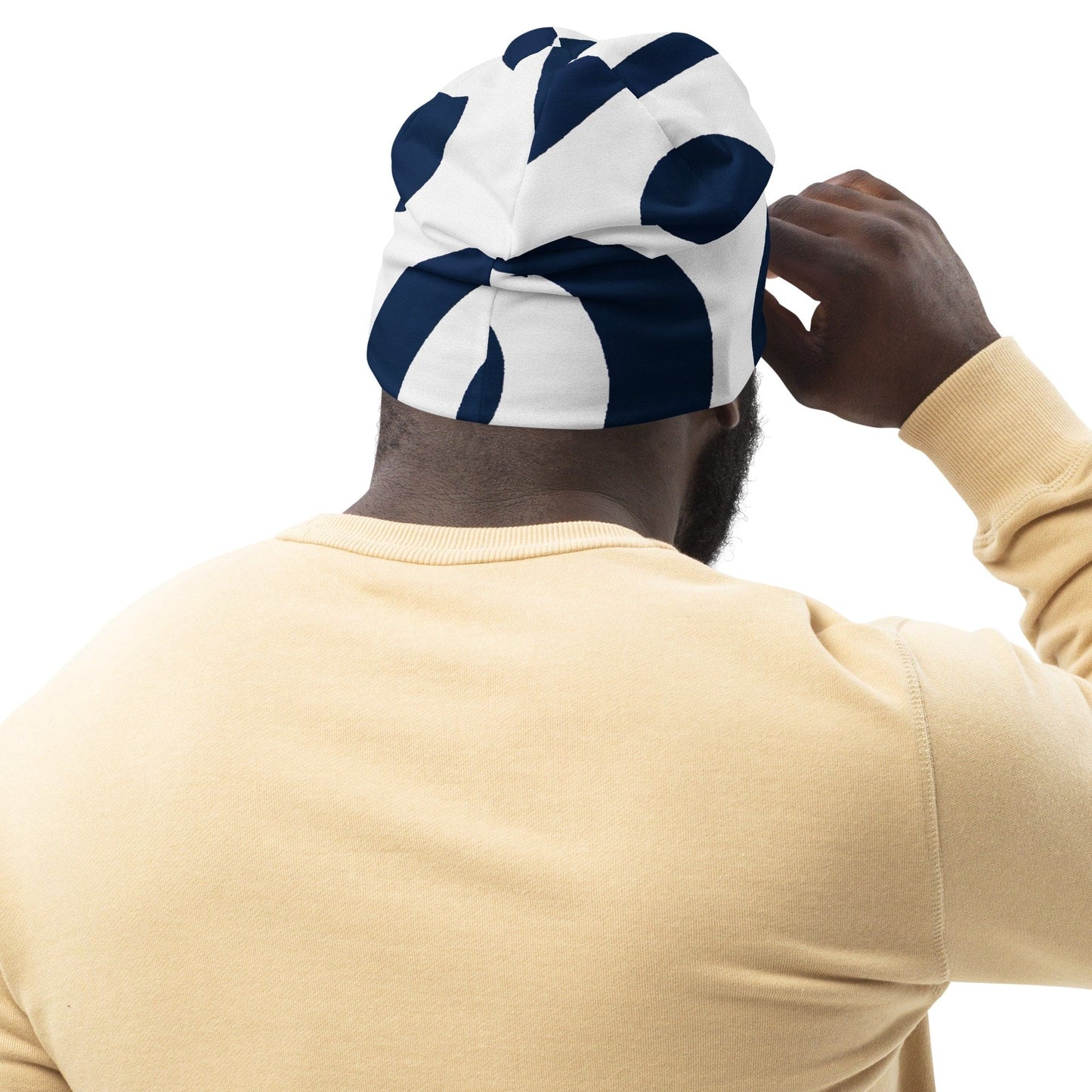 Double-layered Beanie Hat Navy Blue and White Circular Pattern