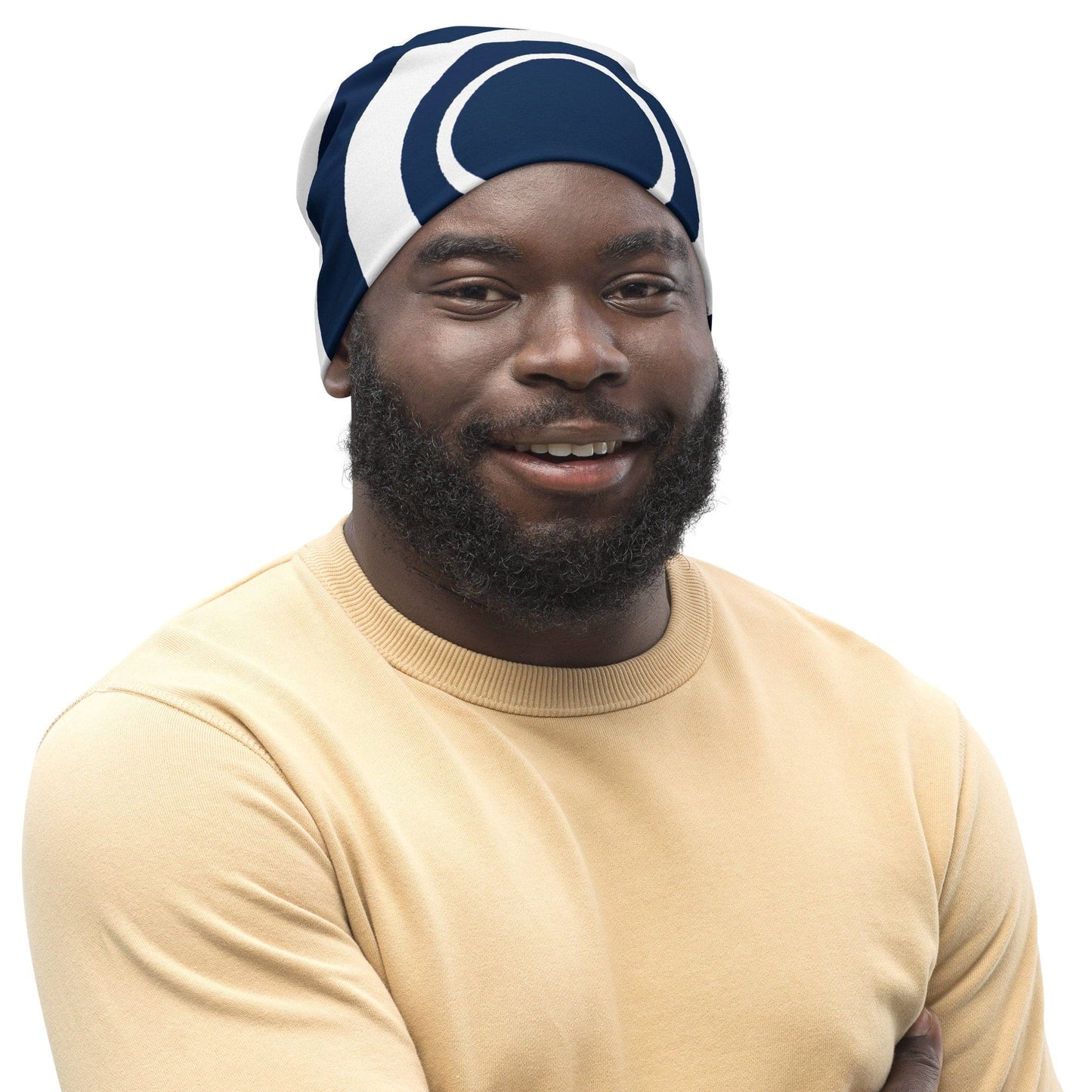 Double-layered Beanie Hat Navy Blue and White Circular Pattern