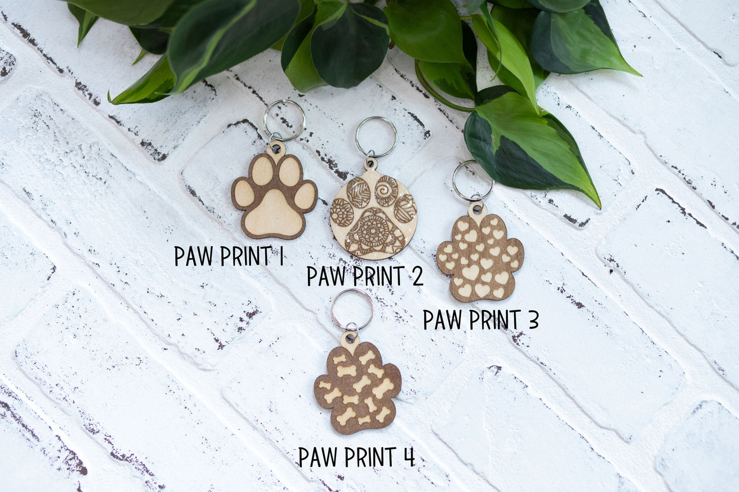 Paw Print Keychain, Wooden Pet Keychain, Paw Print with Hearts and Bones, Mandala Paw Print
