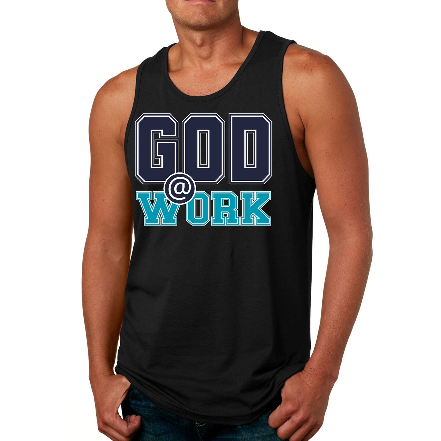Mens Fitness Tank Top Graphic T-shirt God @ Work Navy Blue and Blue