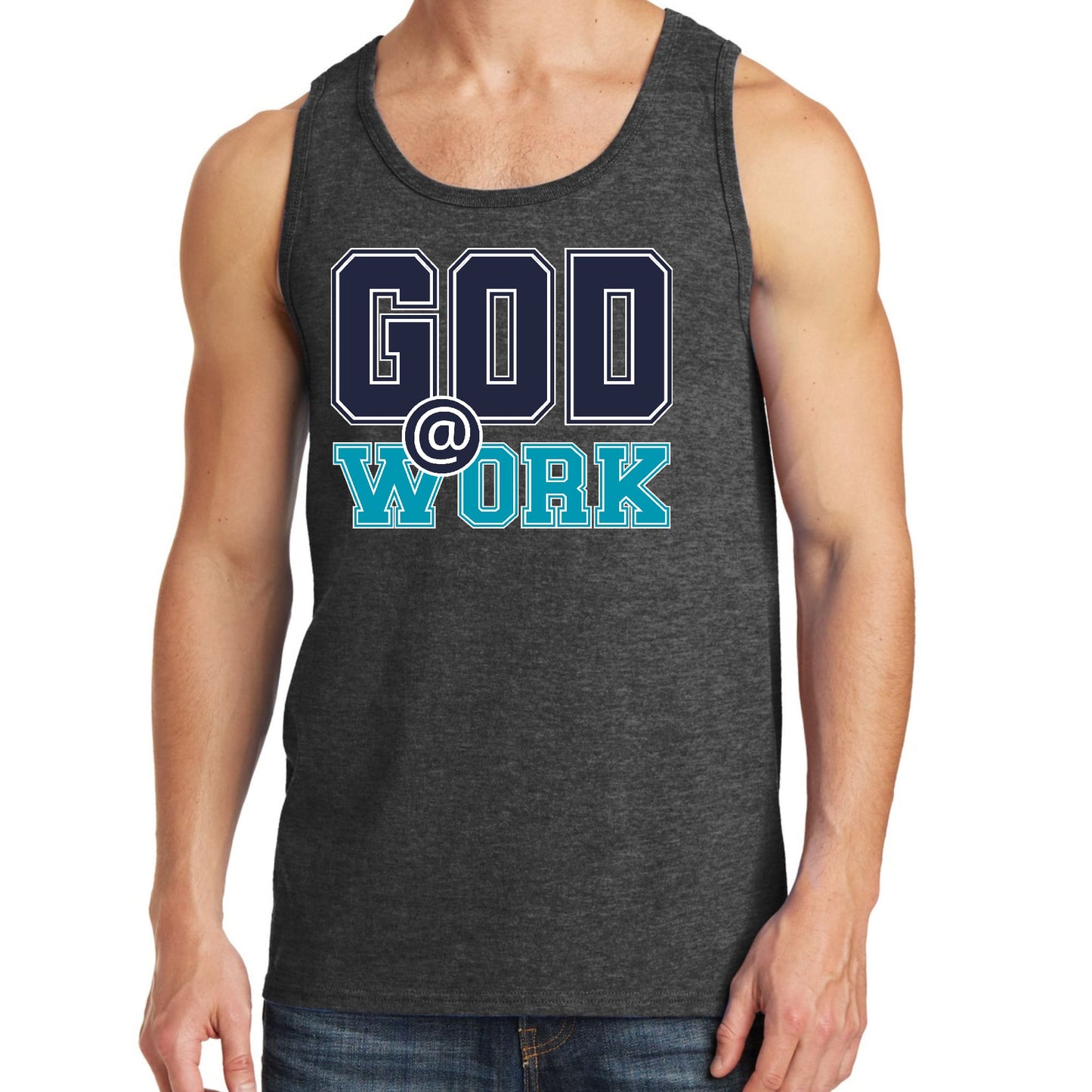 Mens Fitness Tank Top Graphic T-shirt God @ Work Navy Blue and Blue