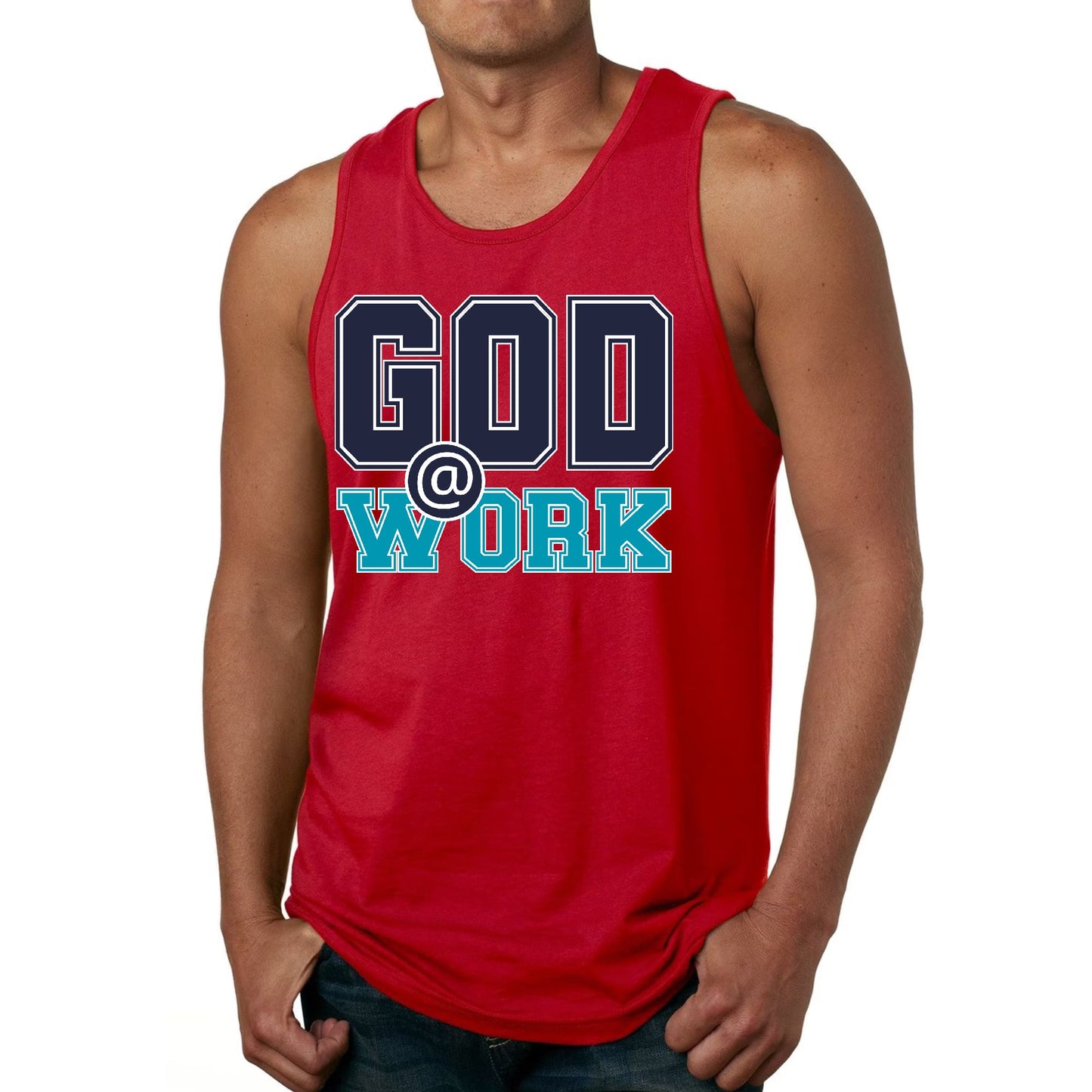 Mens Fitness Tank Top Graphic T-shirt God @ Work Navy Blue and Blue