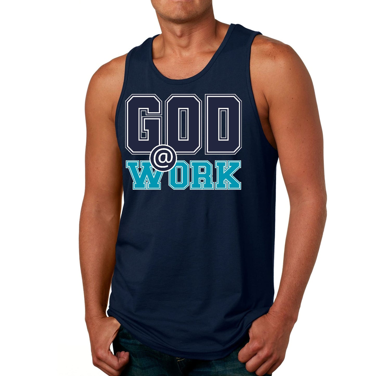 Mens Fitness Tank Top Graphic T-shirt God @ Work Navy Blue and Blue