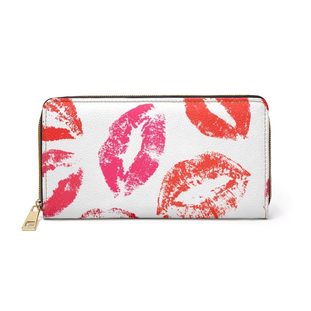 Womens Wallet - Zip Purse - White and Red Lipstick Kisses