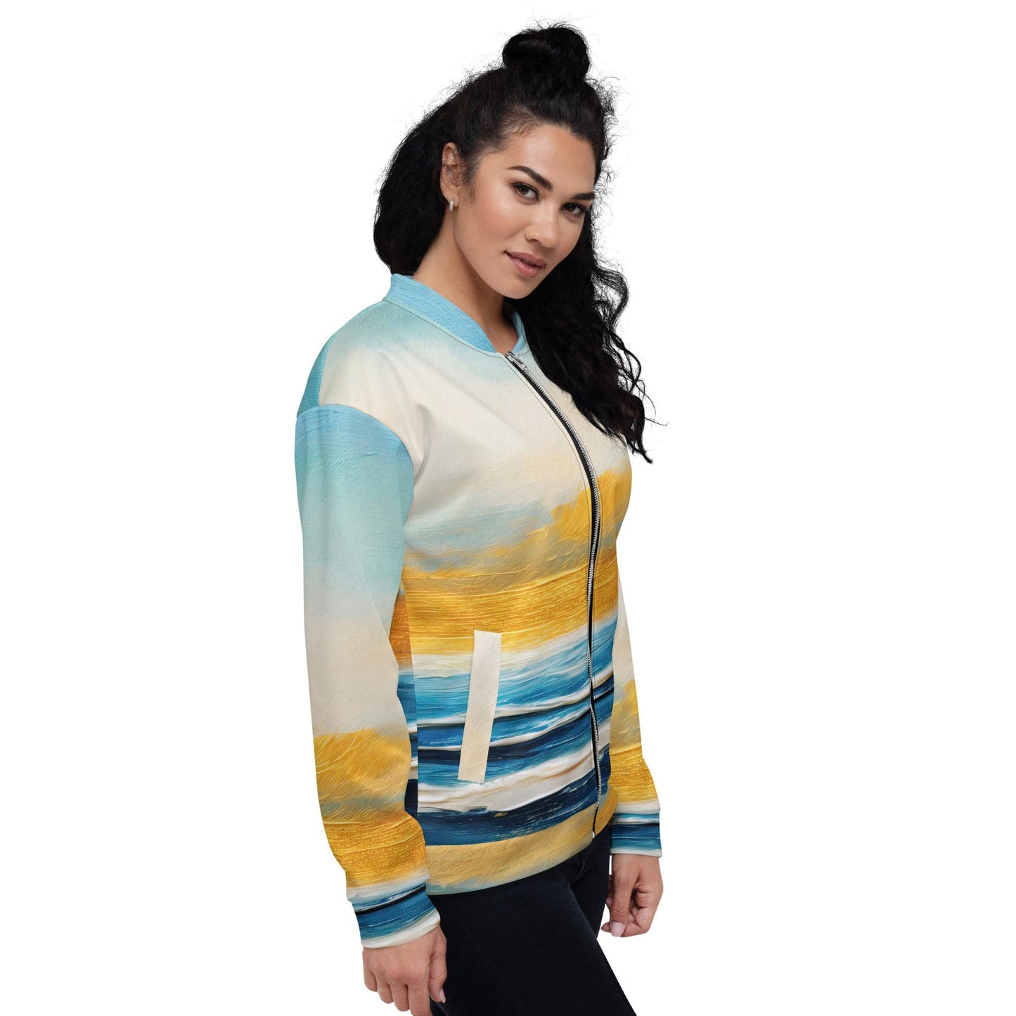 Womens Bomber Jacket - Blue Ocean Golden Sunset Print 6