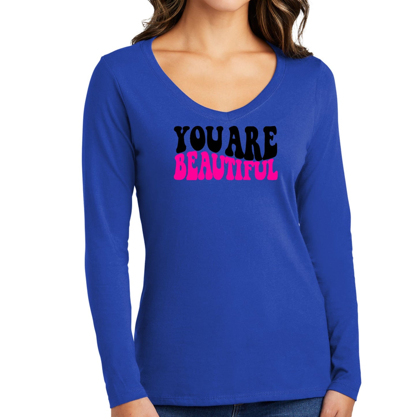 Womens Long Sleeve V-neck Graphic T-shirt - you are Beautiful Print