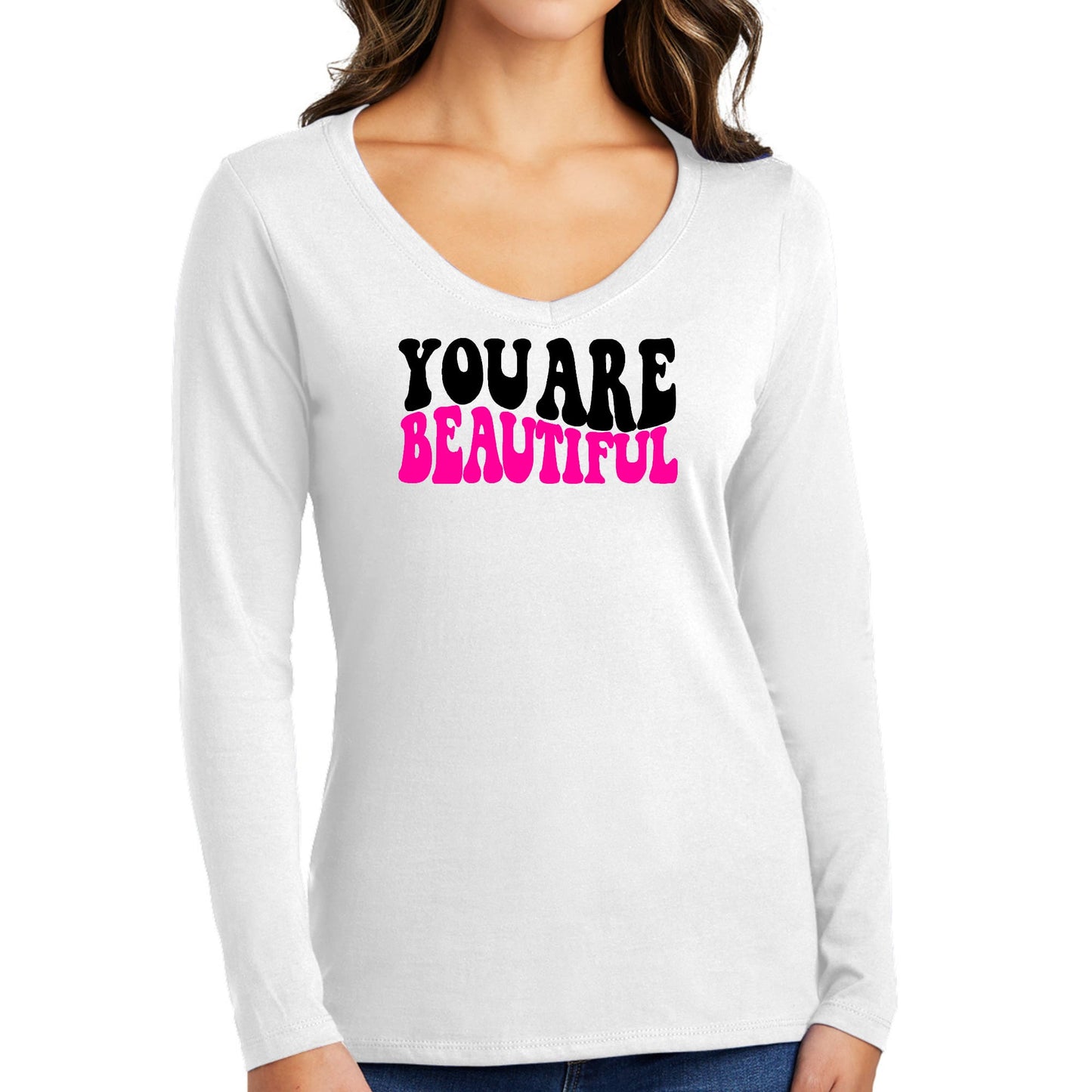 Womens Long Sleeve V-neck Graphic T-shirt - you are Beautiful Print
