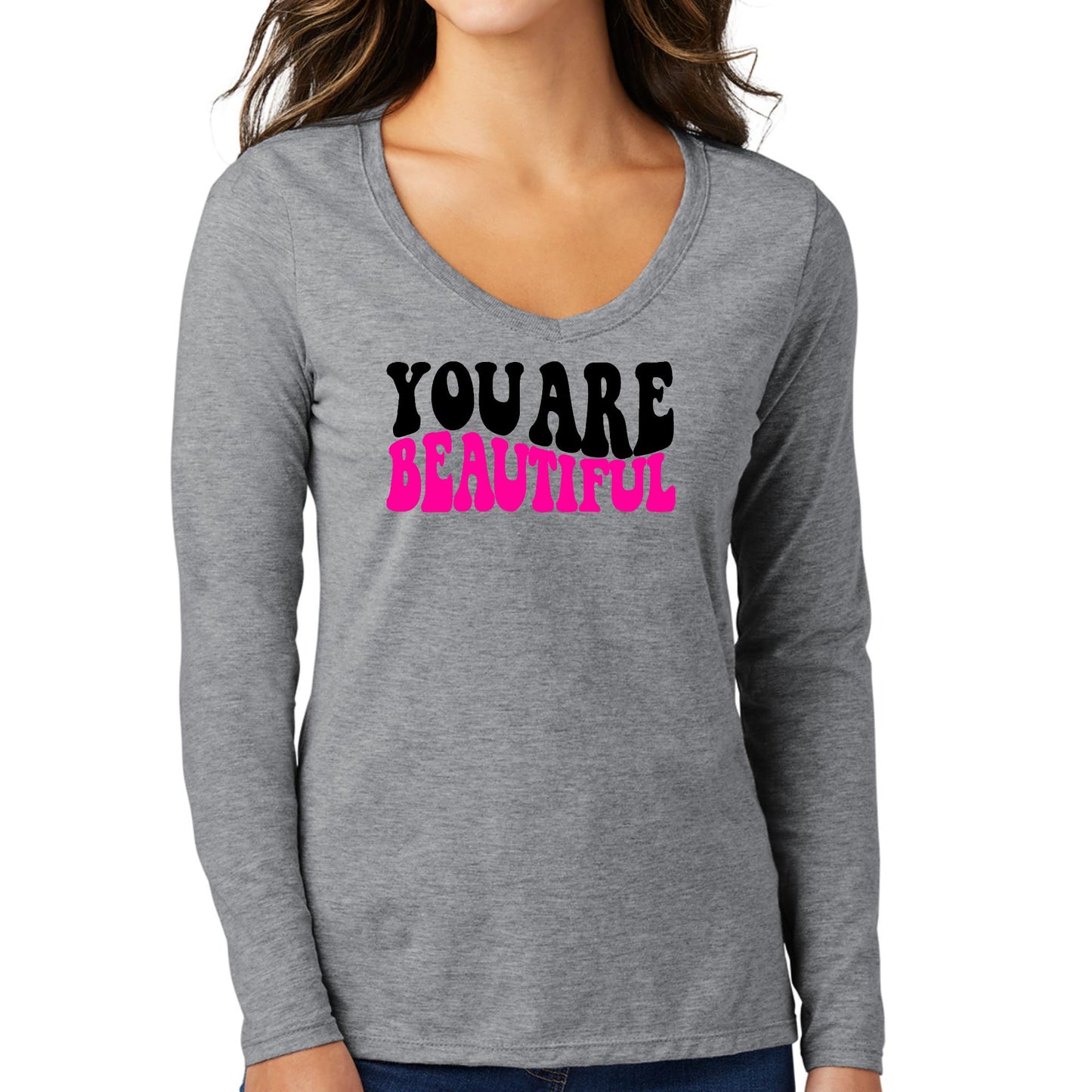 Womens Long Sleeve V-neck Graphic T-shirt - you are Beautiful Print