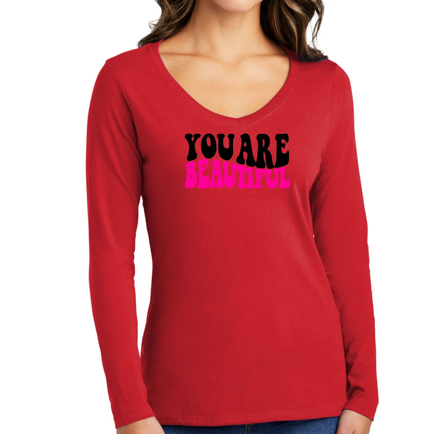 Womens Long Sleeve V-neck Graphic T-shirt - you are Beautiful Print
