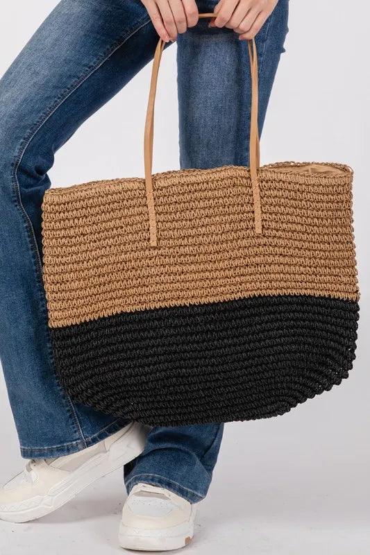 Fame Straw Braided Beach Tote Bag-3