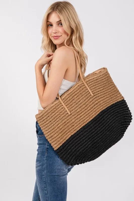 Fame Straw Braided Beach Tote Bag-0