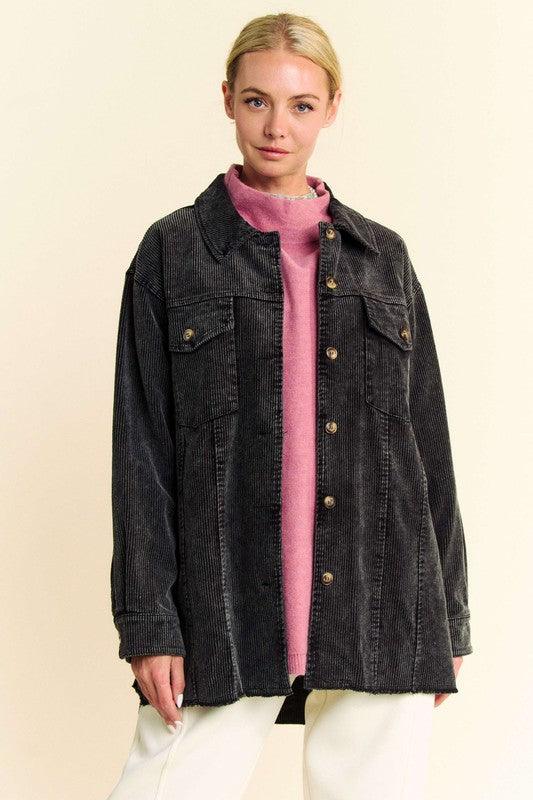 Davi & Dani Washed Corduroy Raw Hem Button Up Jacket-3