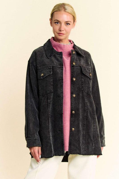 Davi & Dani Washed Corduroy Raw Hem Button Up Jacket-3
