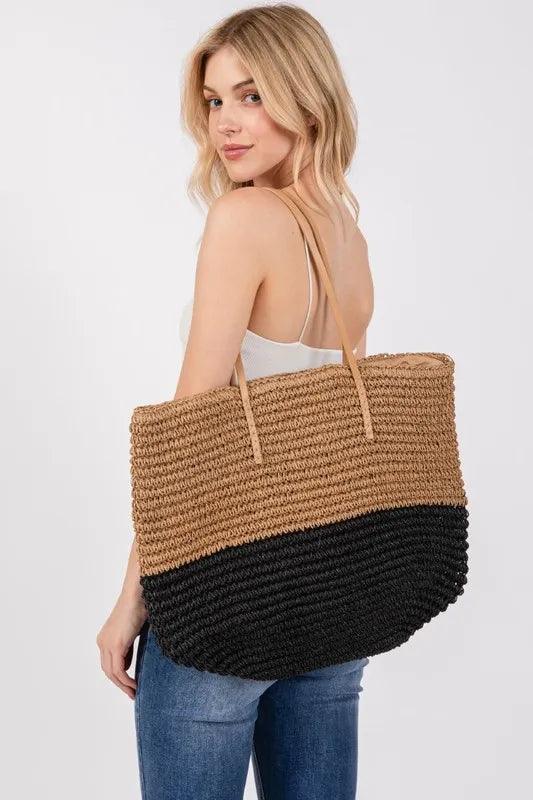 Fame Straw Braided Beach Tote Bag-1