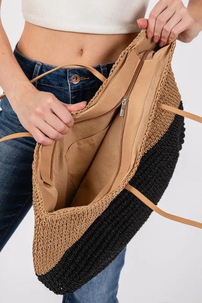 Fame Straw Braided Beach Tote Bag-4