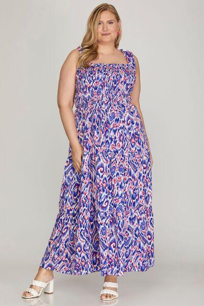 She + Sky Full Size Smocked Printed Wide Strap Tiered Dress Plus Size-2