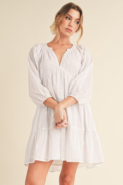 Aemi + Co Notched Balloon Sleeve Tiered Mini Dress-0