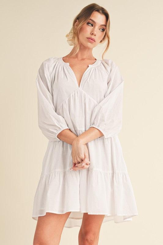 Aemi + Co Notched Balloon Sleeve Tiered Mini Dress-0