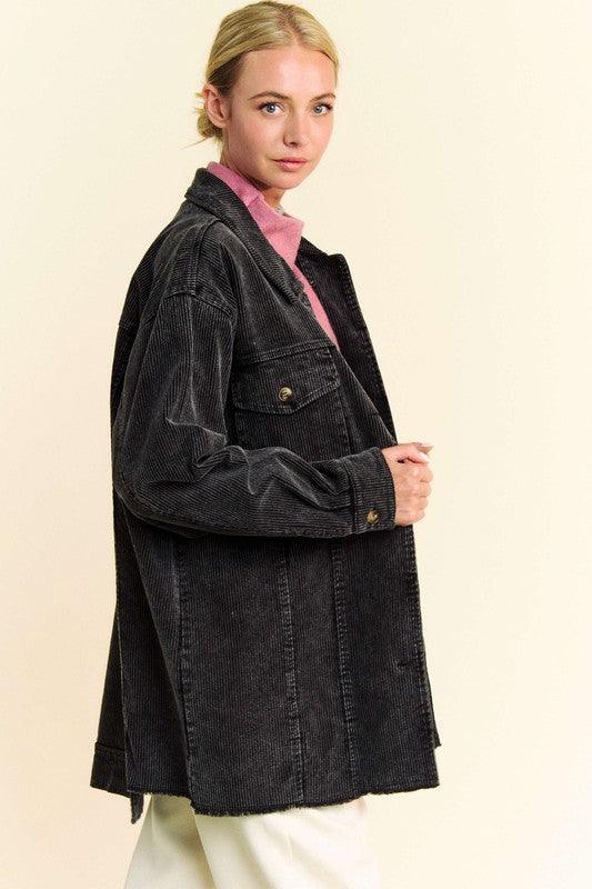 Davi & Dani Washed Corduroy Raw Hem Button Up Jacket-4