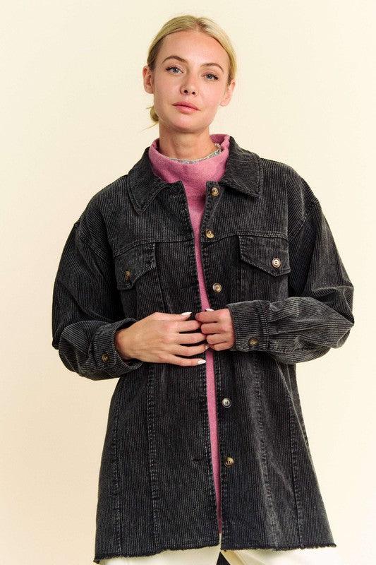 Davi & Dani Washed Corduroy Raw Hem Button Up Jacket-0