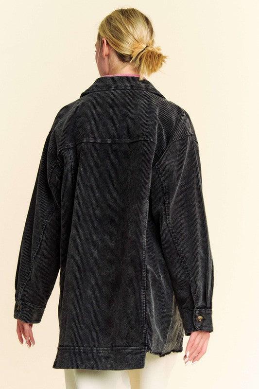 Davi & Dani Washed Corduroy Raw Hem Button Up Jacket-1