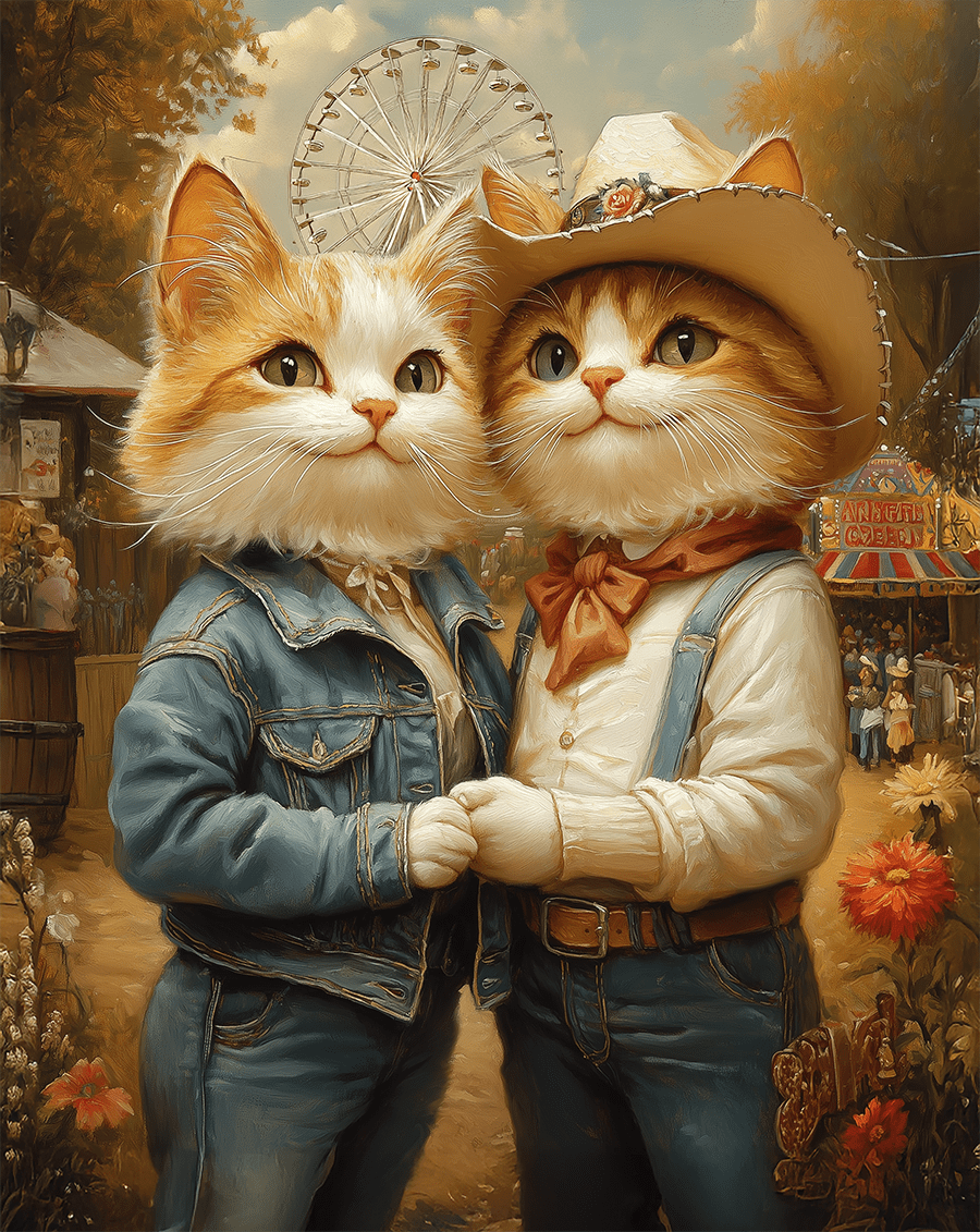 Country Cat Folk - Kitten Couple at the County Fair art print