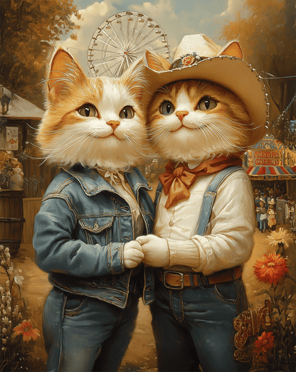 Country Cat Folk - Kitten Couple at the County Fair art print