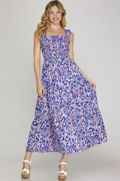 She + Sky Full Size Smocked Printed Wide Strap Tiered Dress Plus Size-0