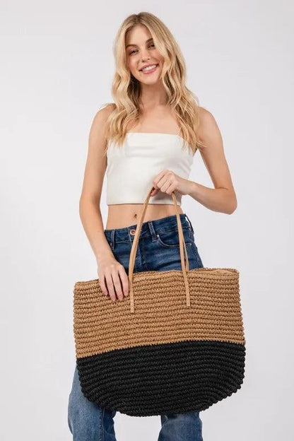 Fame Straw Braided Beach Tote Bag-2