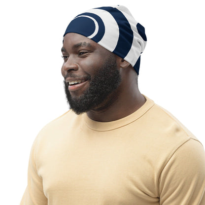 Double-layered Beanie Hat Navy Blue and White Circular Pattern