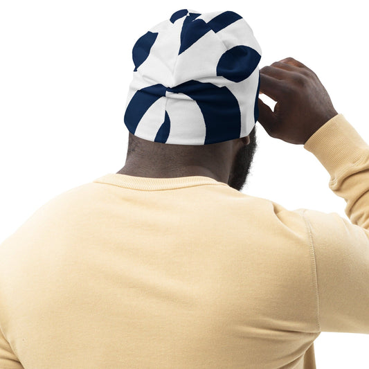 Double-layered Beanie Hat Navy Blue and White Circular Pattern