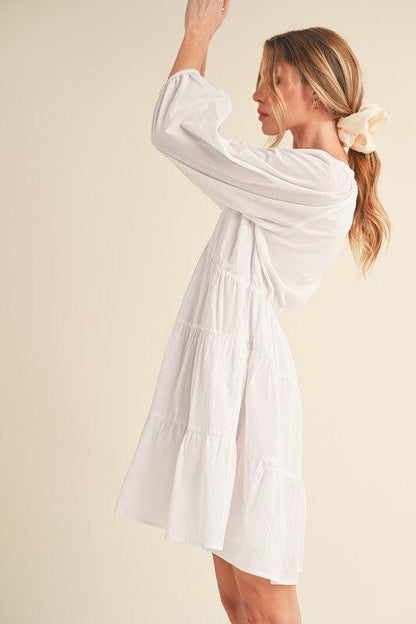 Aemi + Co Notched Balloon Sleeve Tiered Mini Dress-2