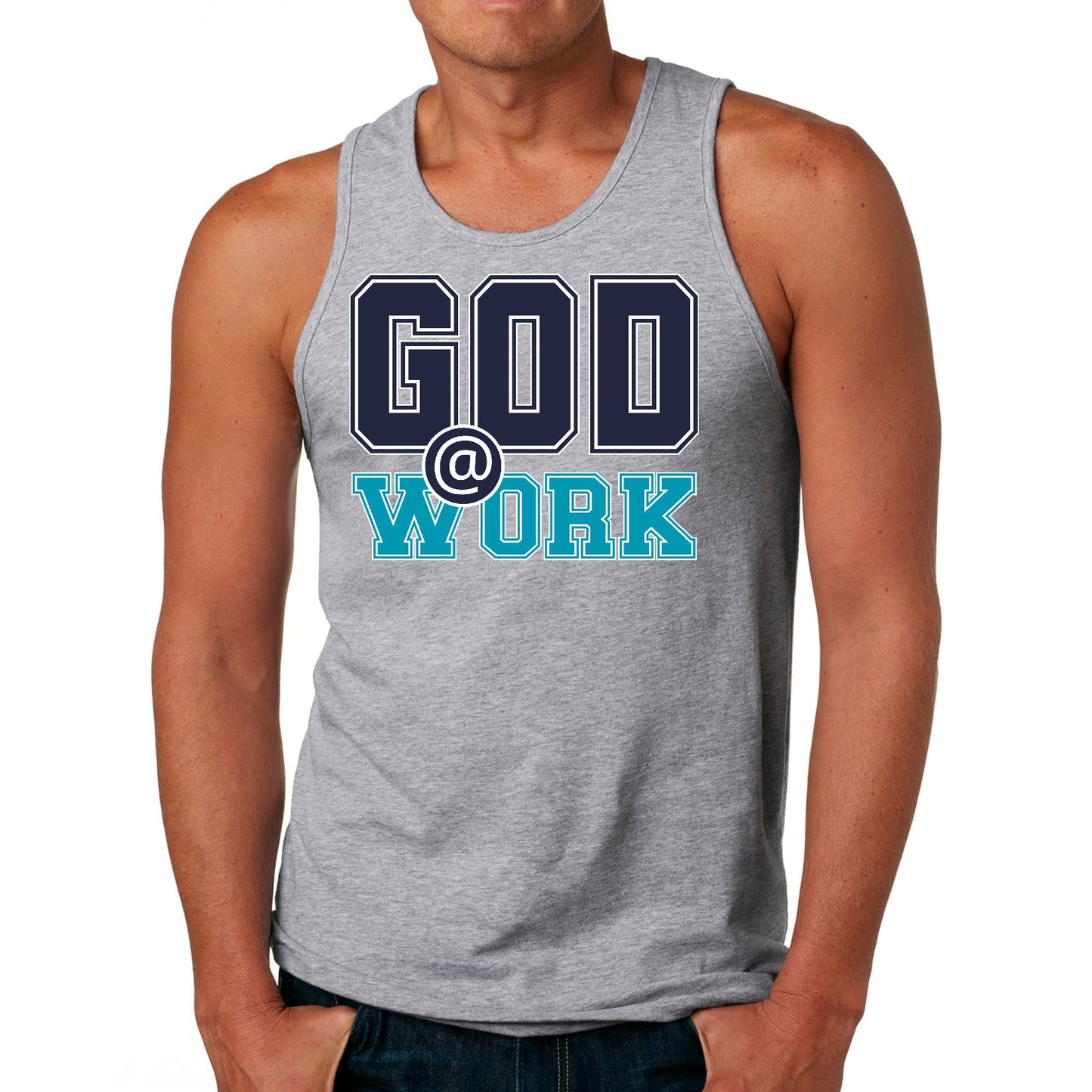 Mens Fitness Tank Top Graphic T-shirt God @ Work Navy Blue and Blue