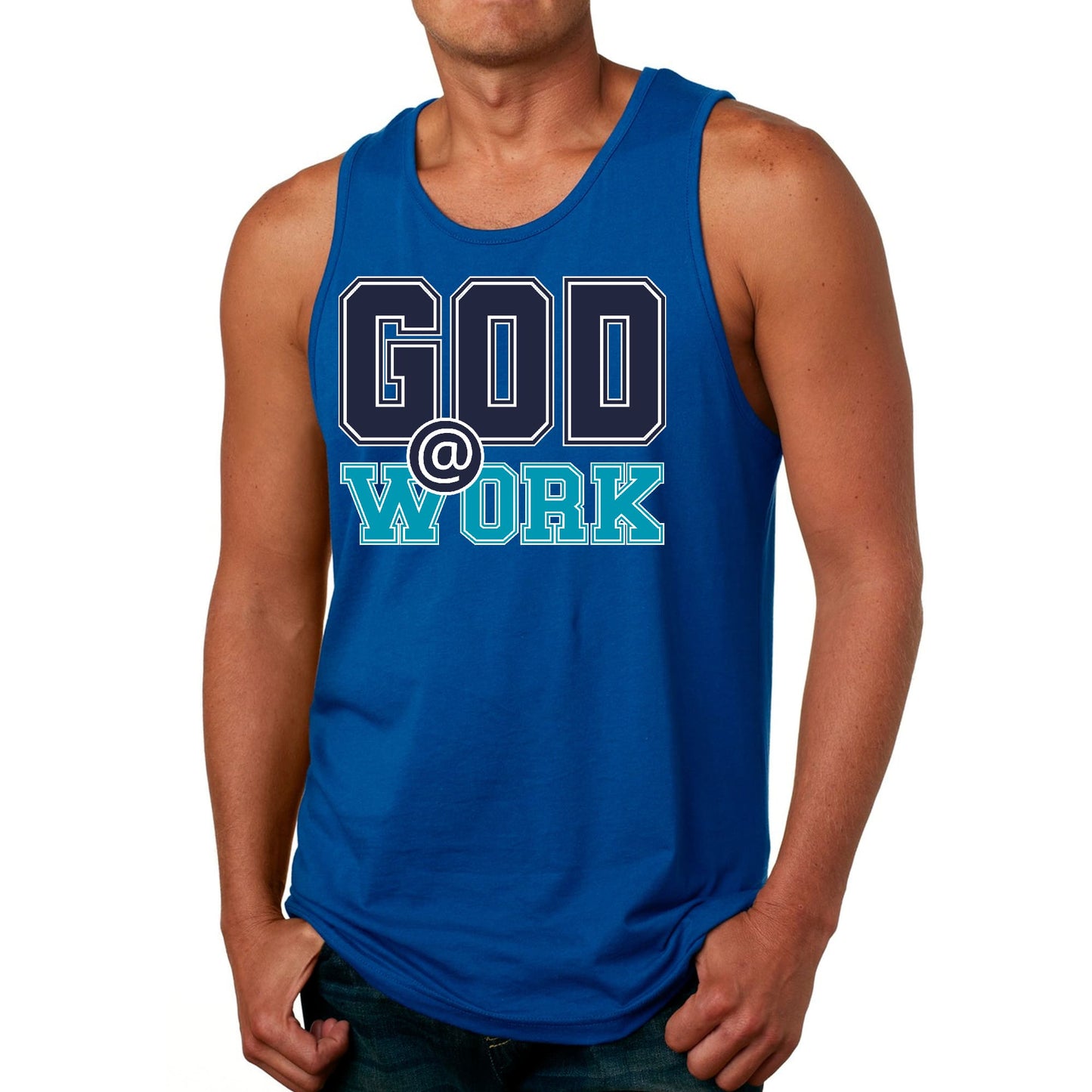 Mens Fitness Tank Top Graphic T-shirt God @ Work Navy Blue and Blue