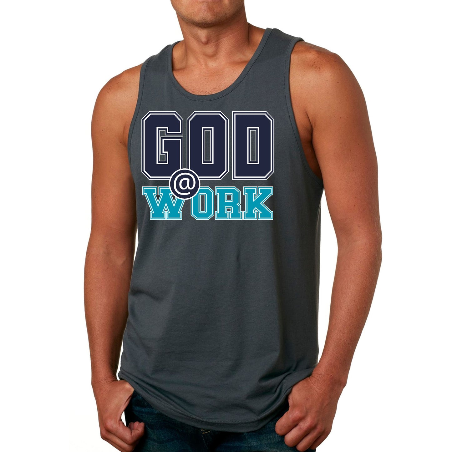 Mens Fitness Tank Top Graphic T-shirt God @ Work Navy Blue and Blue