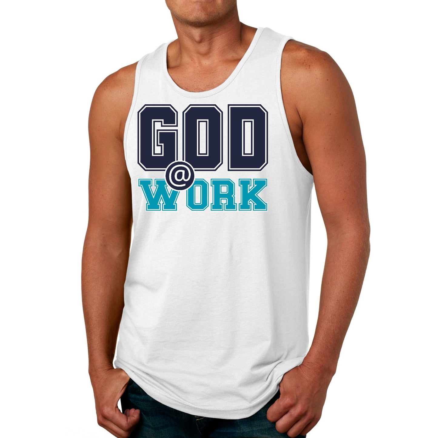 Mens Fitness Tank Top Graphic T-shirt God @ Work Navy Blue and Blue