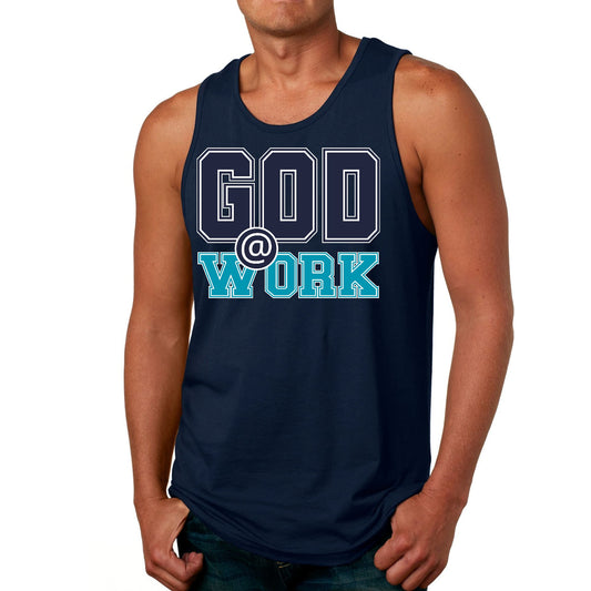 Mens Fitness Tank Top Graphic T-shirt God @ Work Navy Blue and Blue