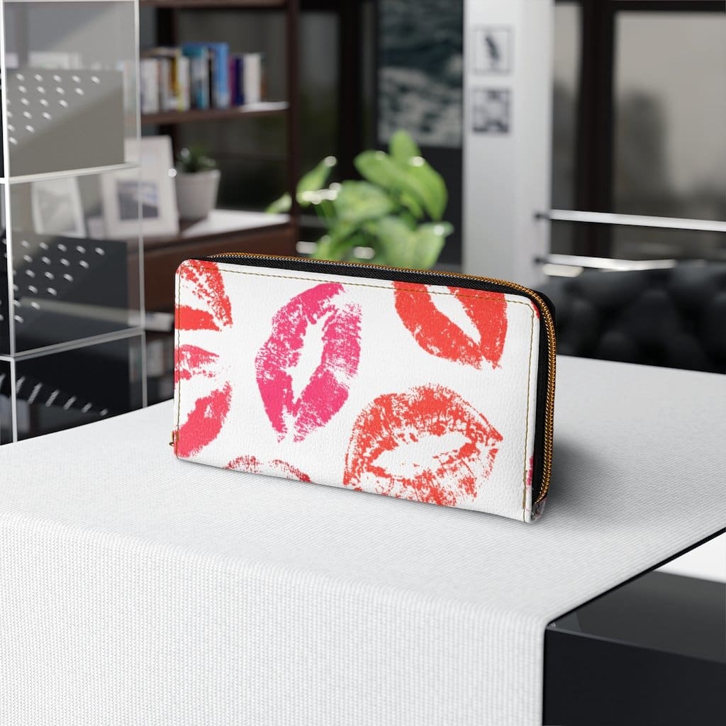 Womens Wallet - Zip Purse - White and Red Lipstick Kisses