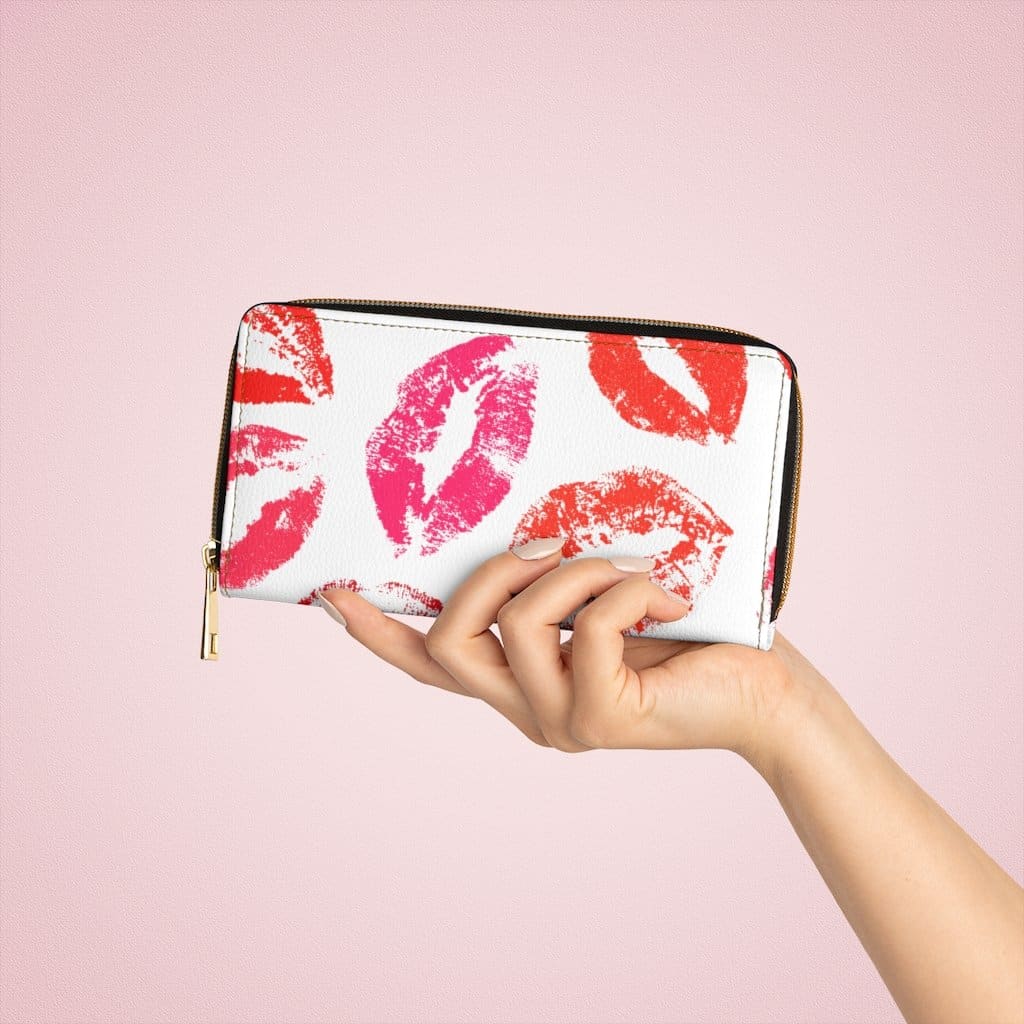 Womens Wallet - Zip Purse - White and Red Lipstick Kisses