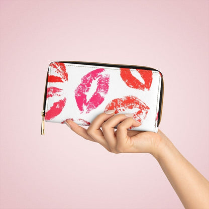 Womens Wallet - Zip Purse - White and Red Lipstick Kisses