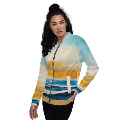 Womens Bomber Jacket - Blue Ocean Golden Sunset Print 6