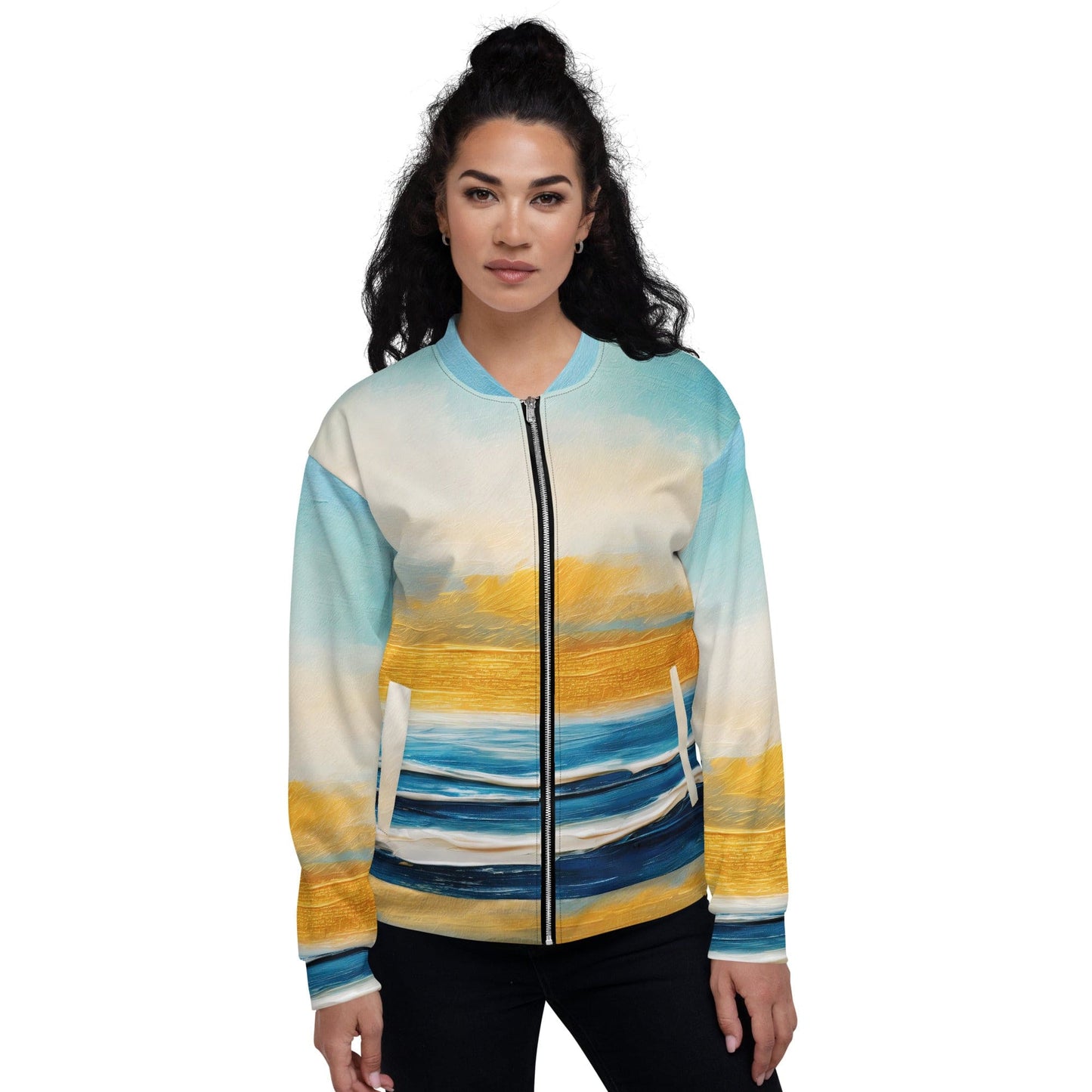Womens Bomber Jacket - Blue Ocean Golden Sunset Print 6