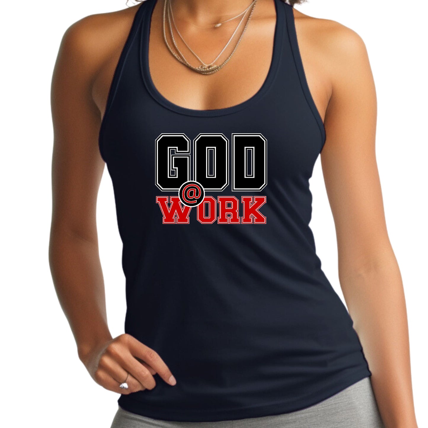 Womens Fitness Tank Top Graphic T-shirt - God @ Work Black and Red