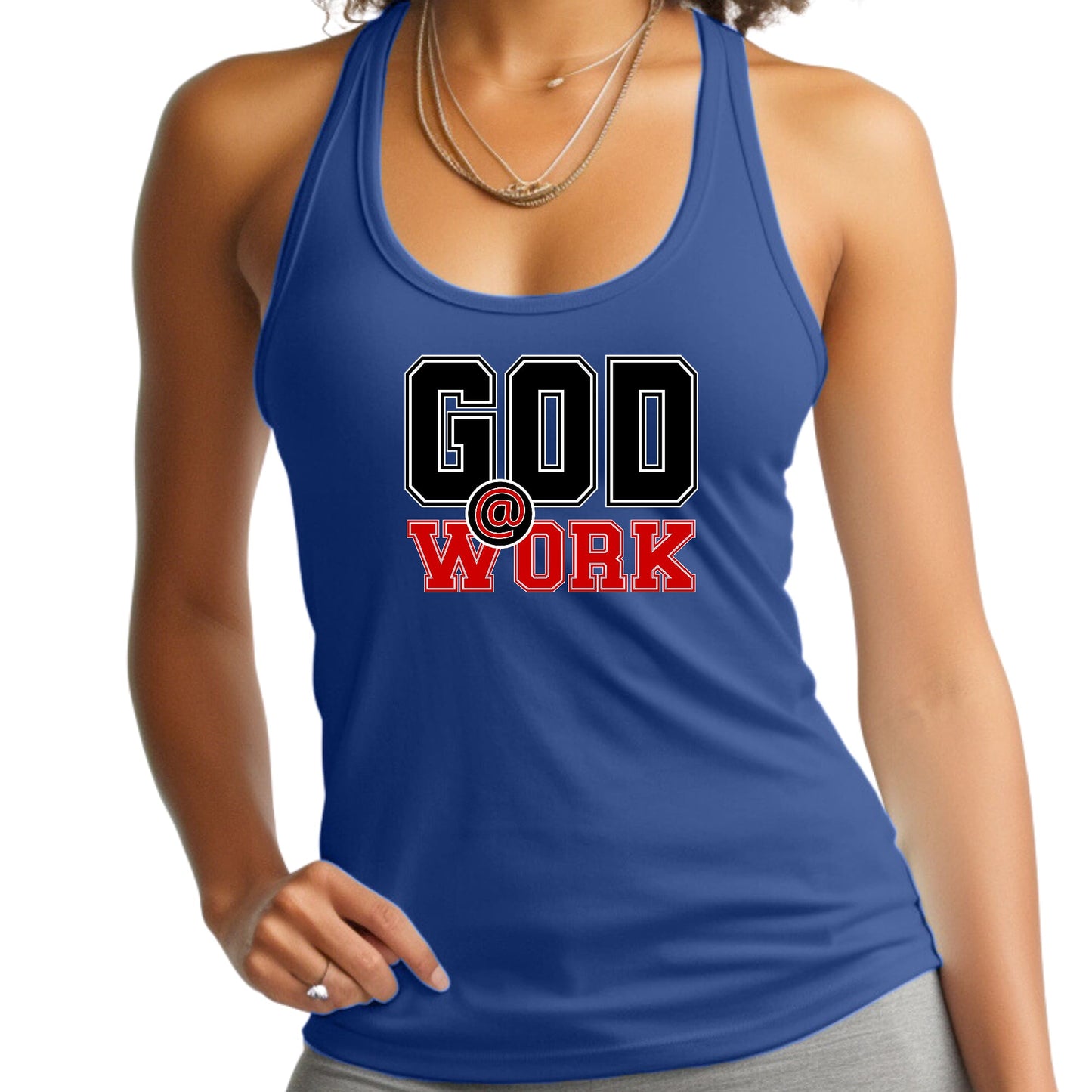 Womens Fitness Tank Top Graphic T-shirt - God @ Work Black and Red