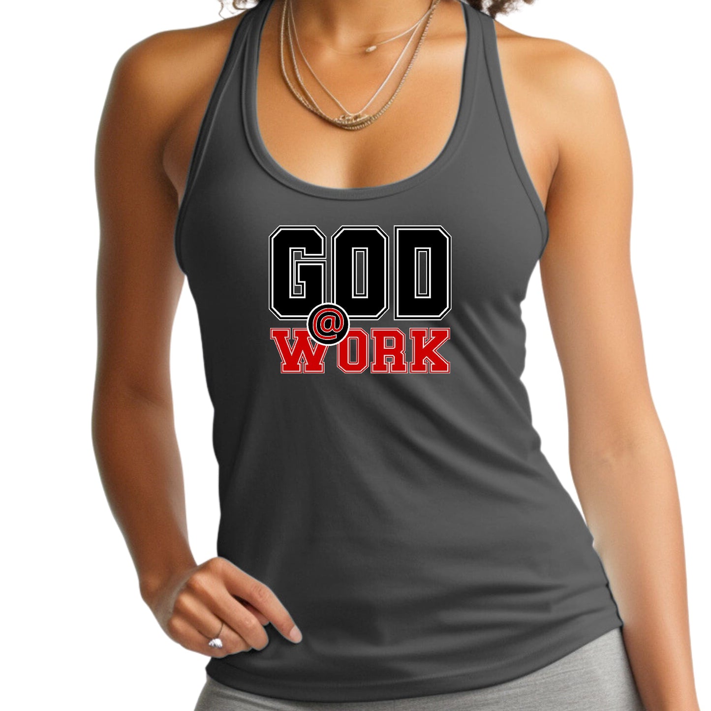 Womens Fitness Tank Top Graphic T-shirt - God @ Work Black and Red
