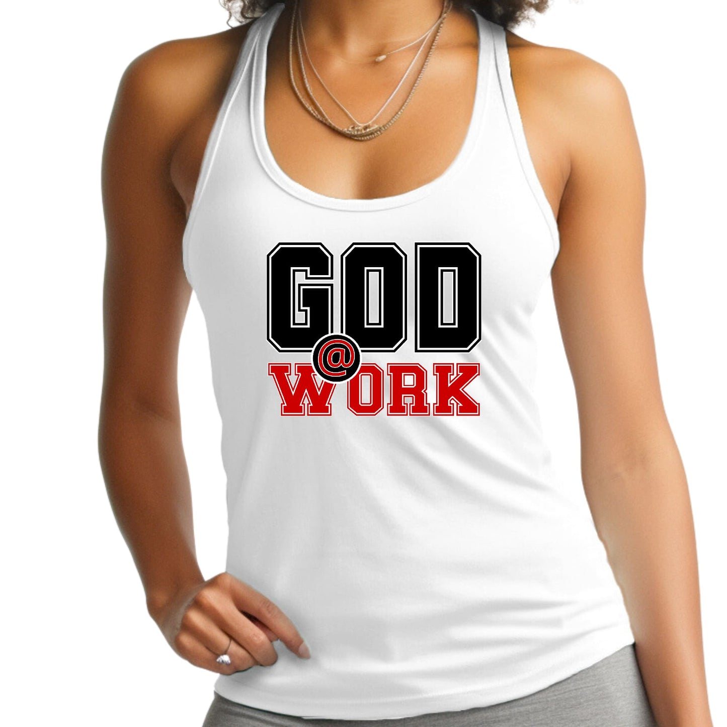 Womens Fitness Tank Top Graphic T-shirt - God @ Work Black and Red