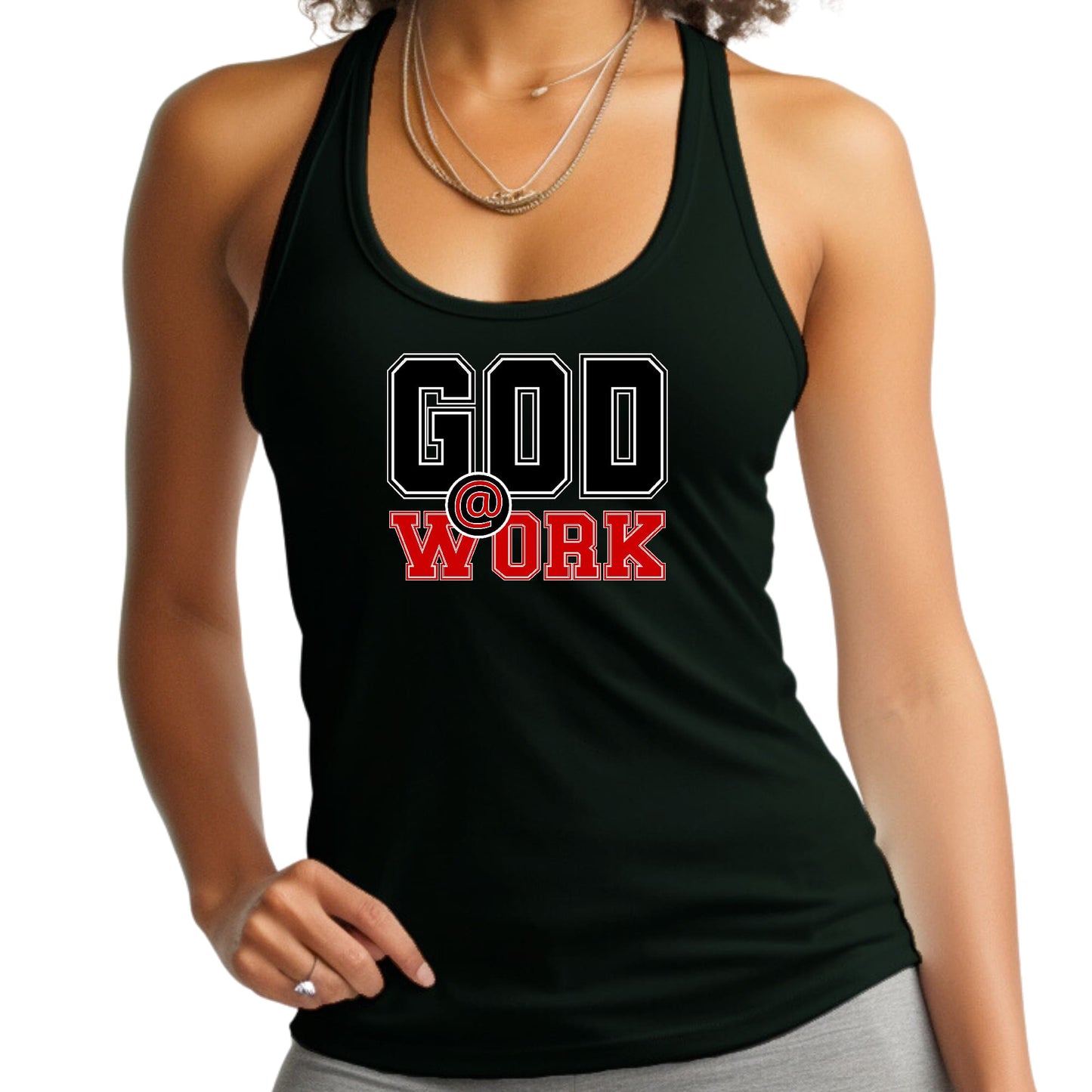 Womens Fitness Tank Top Graphic T-shirt - God @ Work Black and Red